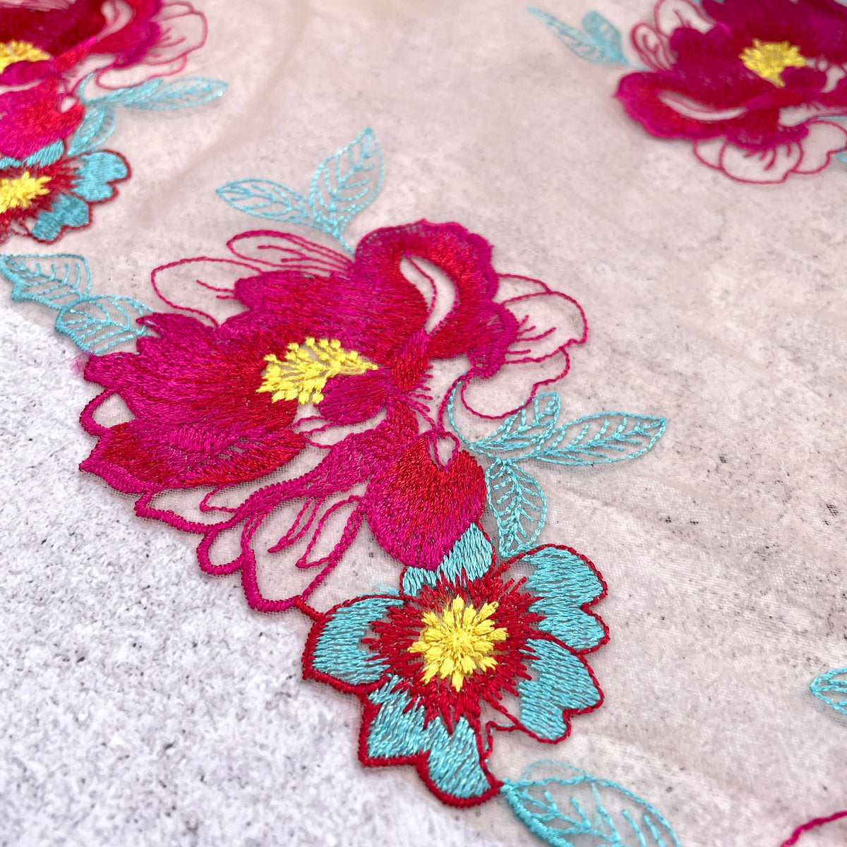 Embroidered Tulle ~ Pink and Teal