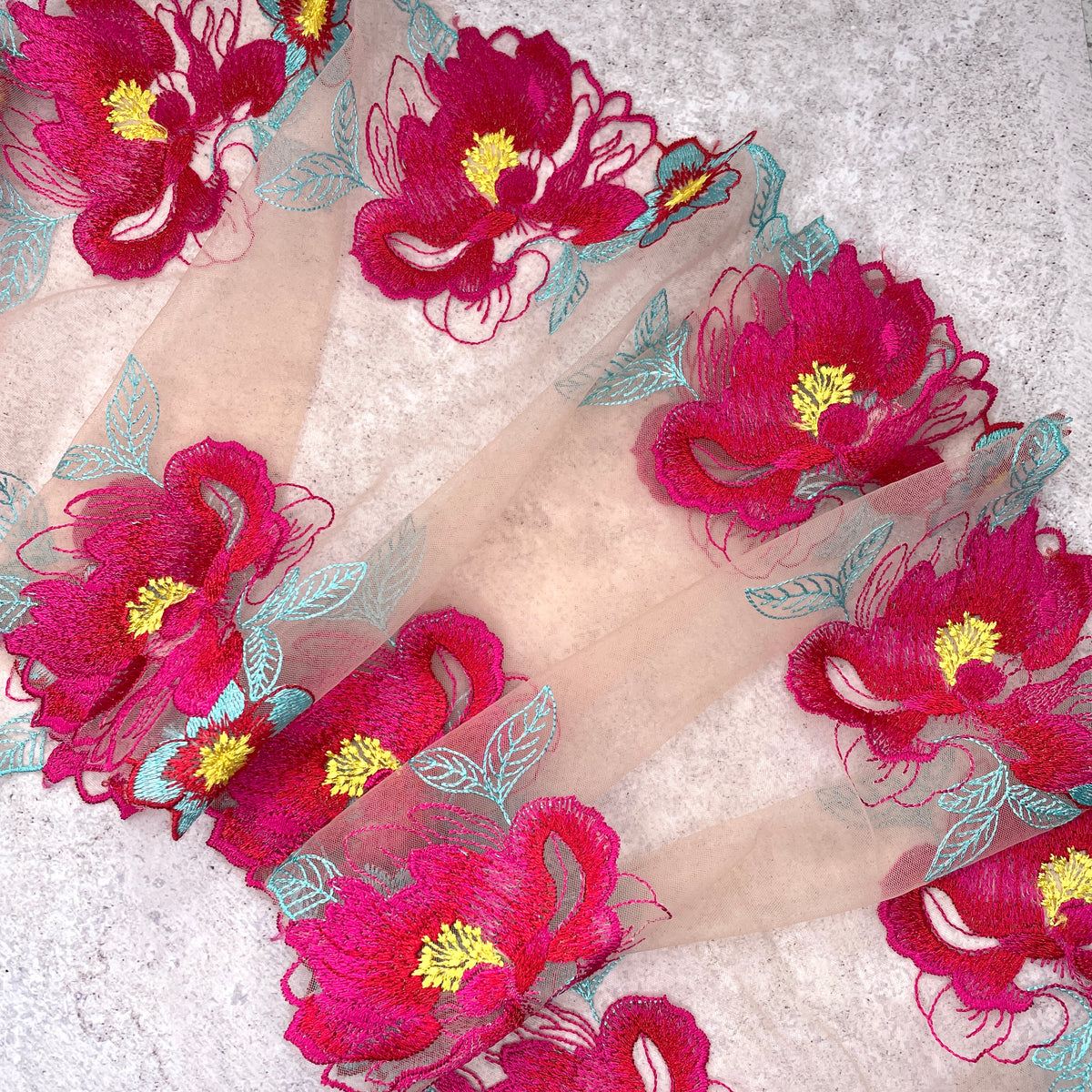 Embroidered Tulle ~ Pink and Teal
