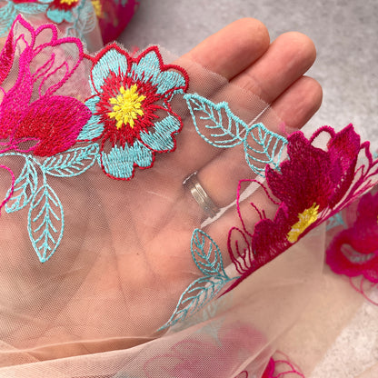Embroidered Tulle ~ Pink and Teal