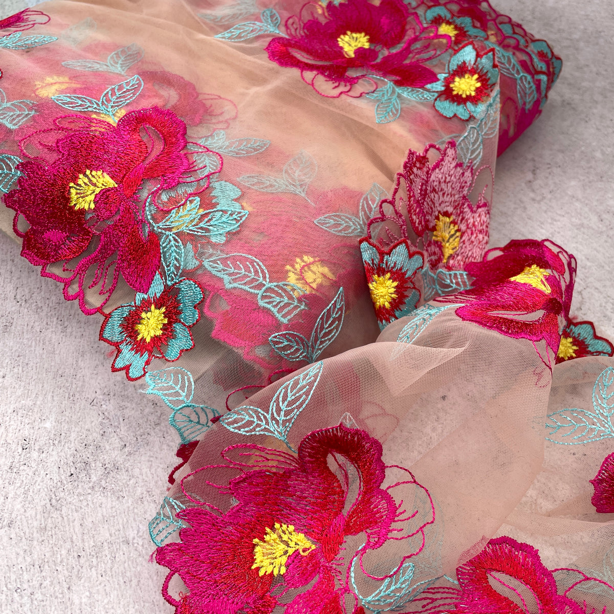 Embroidered Tulle ~ Pink and Teal