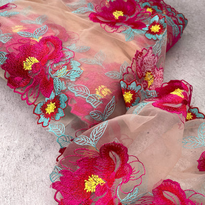 Embroidered Tulle ~ Pink and Teal